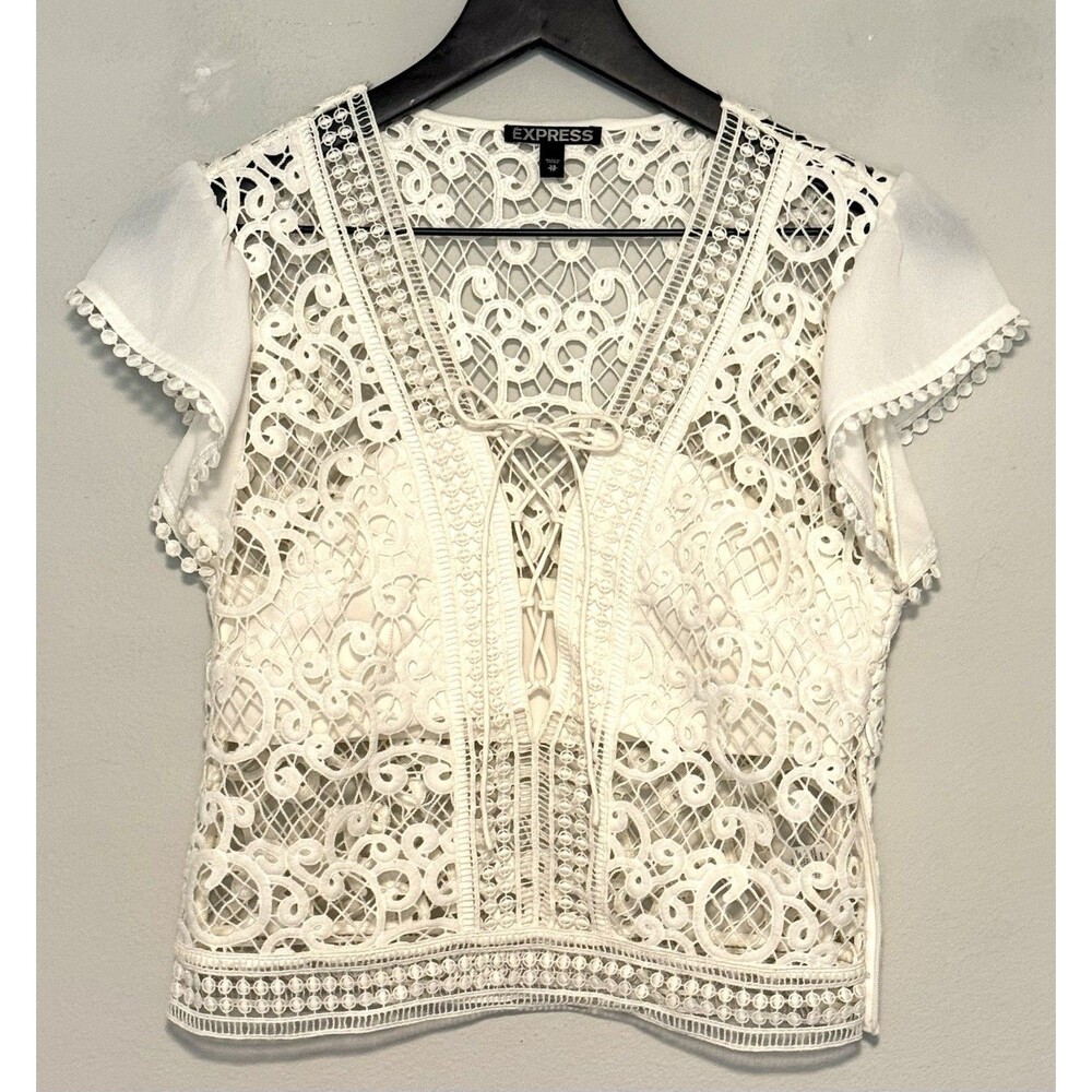 Express Ivory Cream Lace Top Sz XS Floral Medallion Crochet Y2K Retro
